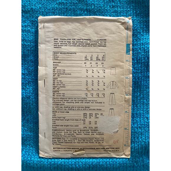 Butterick Sewing pattern 6320 toddlers top bell bottoms vest sz 1T - Picture 3 of 6